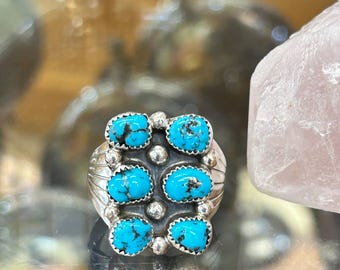 Navajo Handmade Sterling Silver 6 Stone Turquoise Mens/Womens Ring