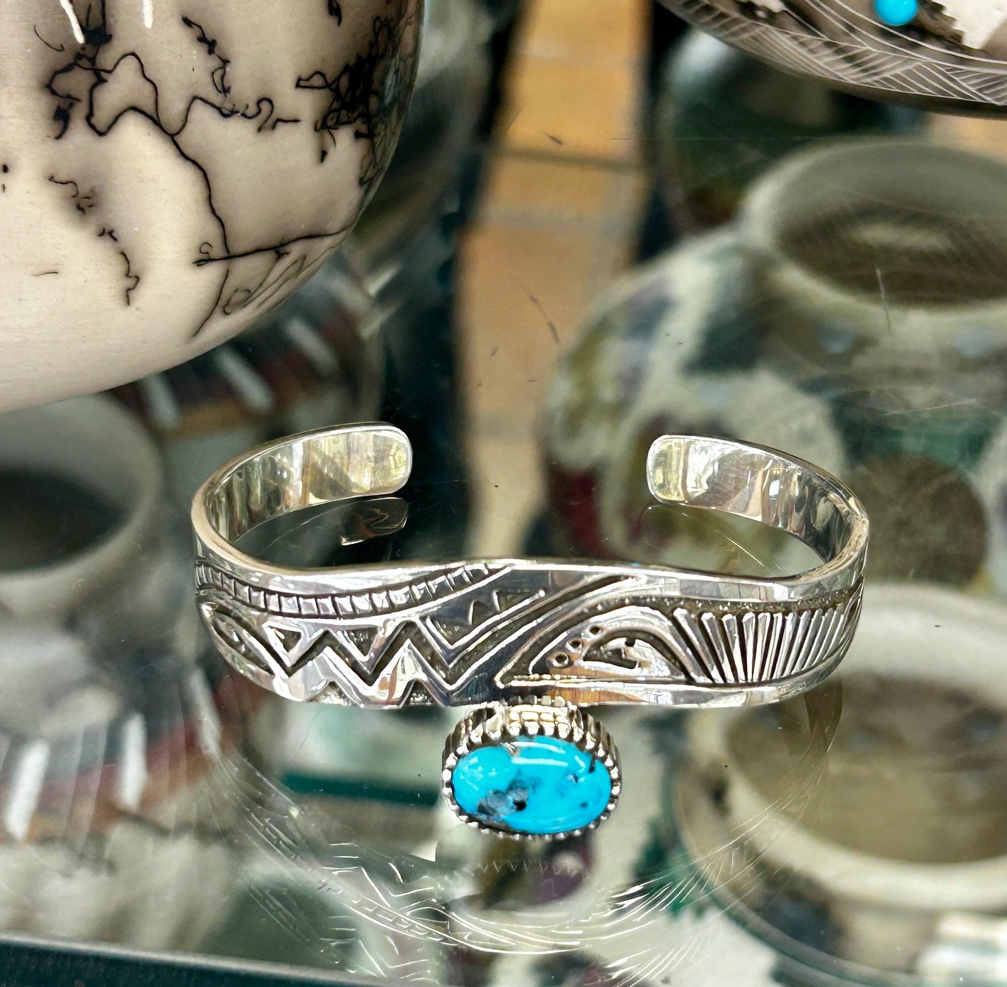 Morenci Turquoise Sterling Silver Navajo Handmade One Stone Cuff