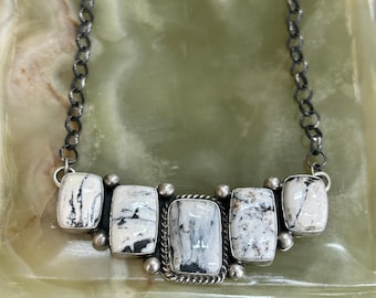 White Buffalo Turquoise 5 Stone Sterling Silver Navajo Handmade Bar Pendant Necklace attached chain