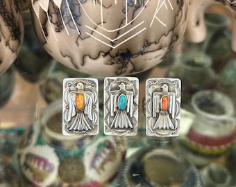 Navajo handmade Turquoise/Spiny Oyster Shell Thunderbird Sterling Silver Square Rings