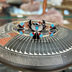 Zuni Thunderbirds Inlay Multistone Coral, Mother of Pearl, Turquoise Sterling Silver Cuff Bracelet