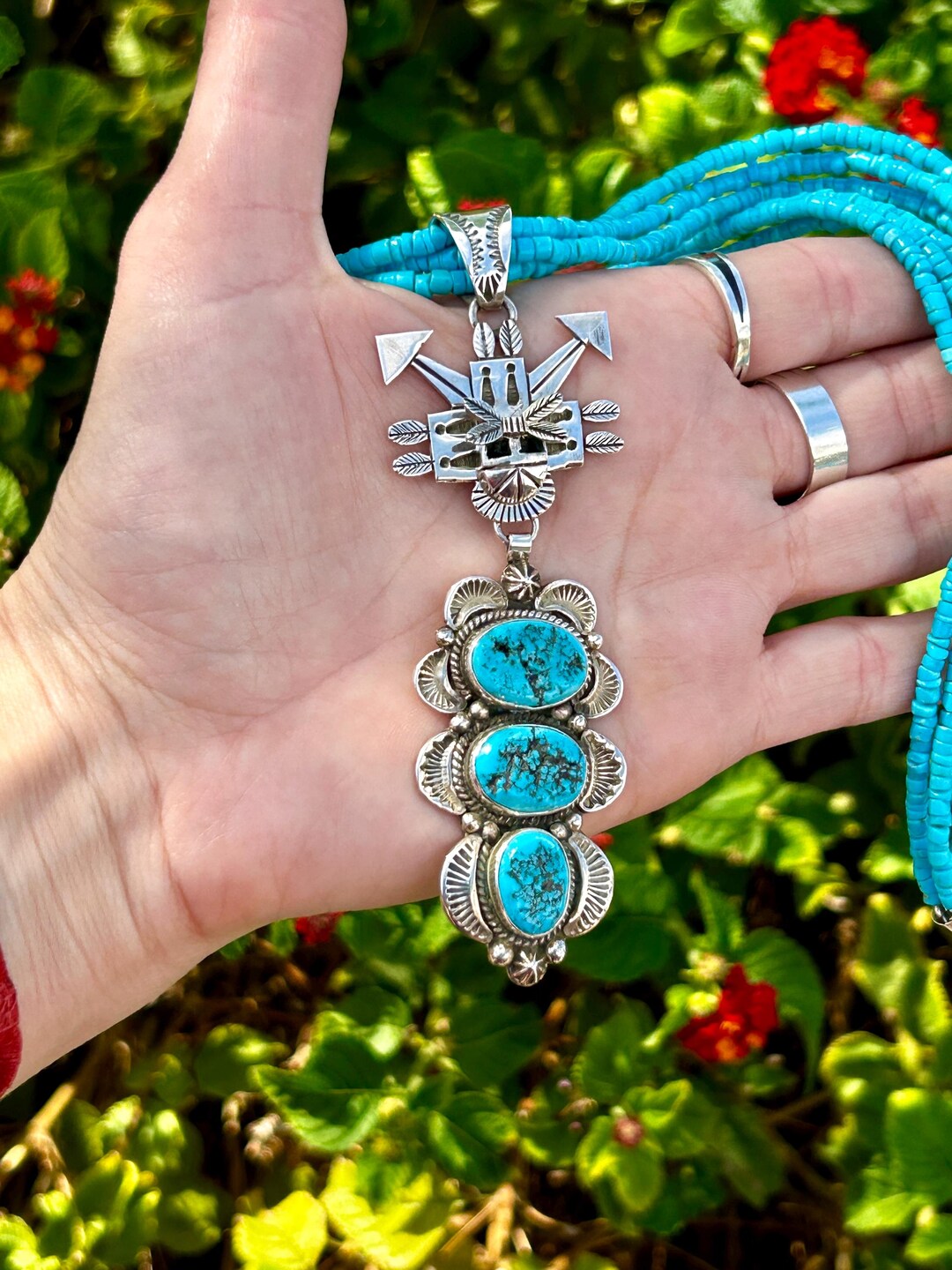 Symbolic Vintage Native American Navajo Turquoise Sterling Silver Kachina Bracelet Old Symbolic Vintage Native American Navajo Turquoise Sterling Silver Kachina Bracelet Old