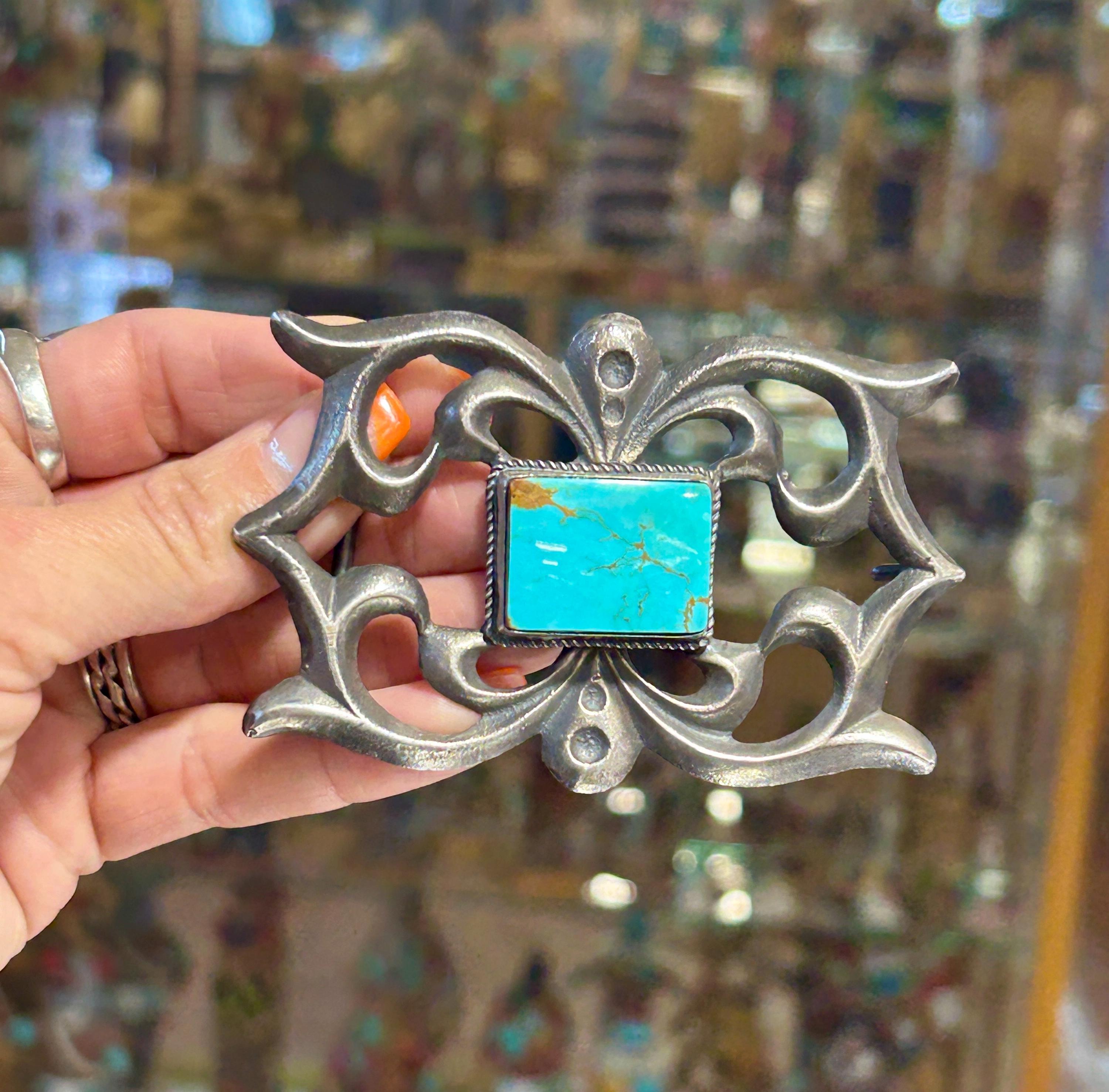 Sandcast Sterling Silver Navajo Handmade Turquoise Belt Buckle - Etsy