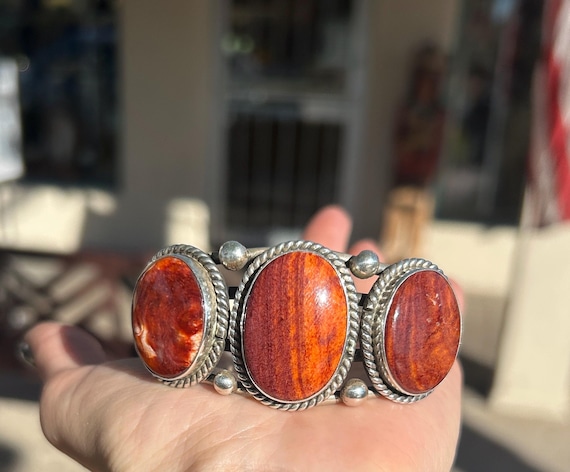 Orange Spiny Oyster Shell 3 Stone Sterling Silver Navajo Handmade