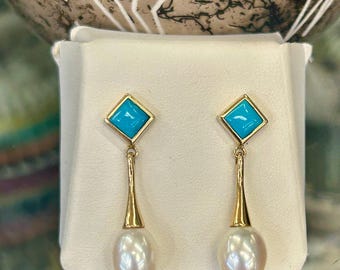 Vintage 14K gouden Sleeping Beauty Turquoise Navajo handgemaakte parel oorbellen