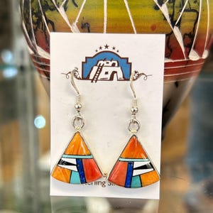 Orange Spiny Oyster Muschel Multistein Inlay Sterling Silber Triangle Navajo Ohrringe