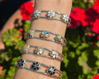 Zuni Handmade Inlay Sterling Silver Multistone Flower Adjustable Bracelets
