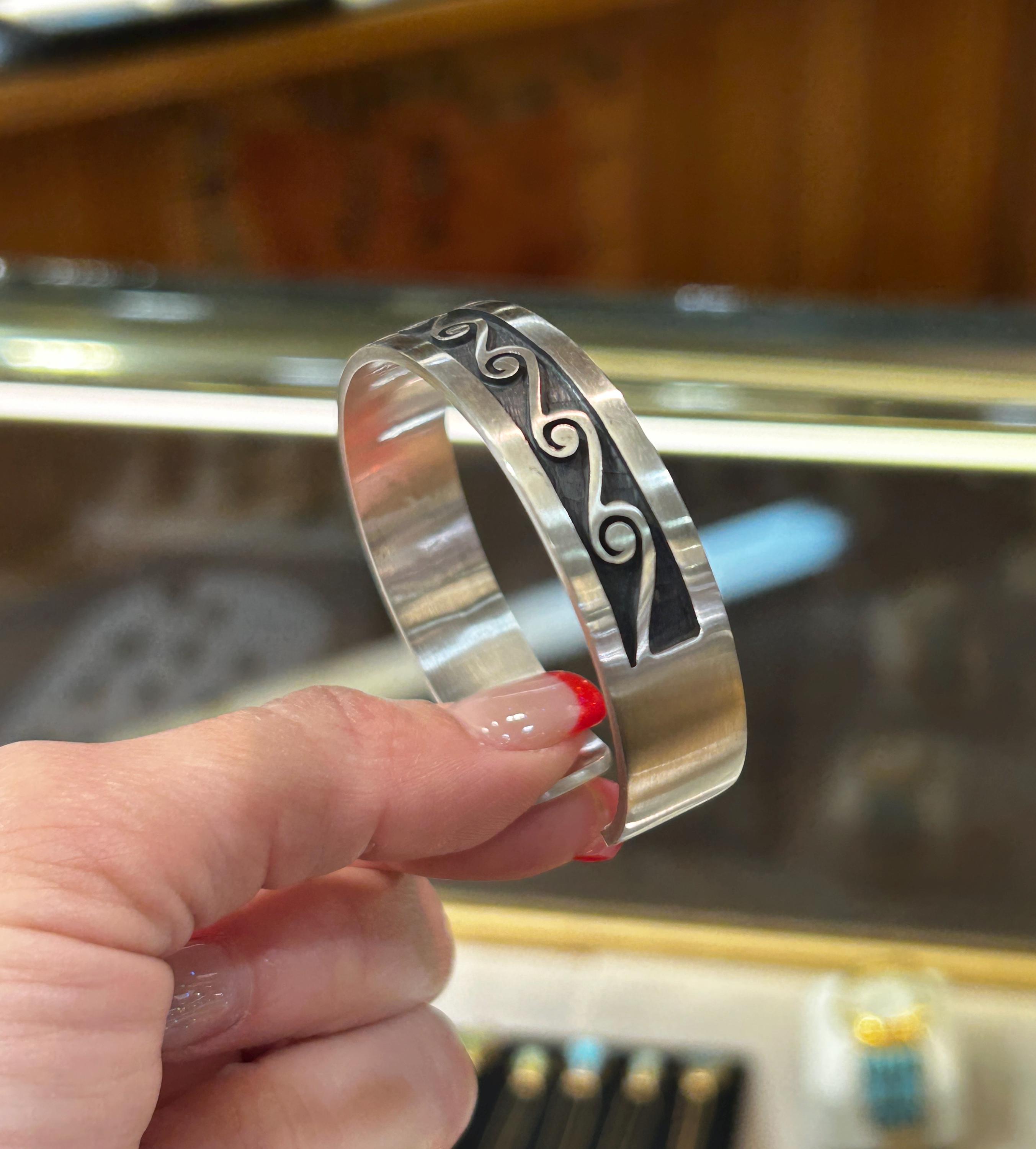 Hopi Handmade Sterling Silver Symbolic Water Unisex Cuff Bracelet 