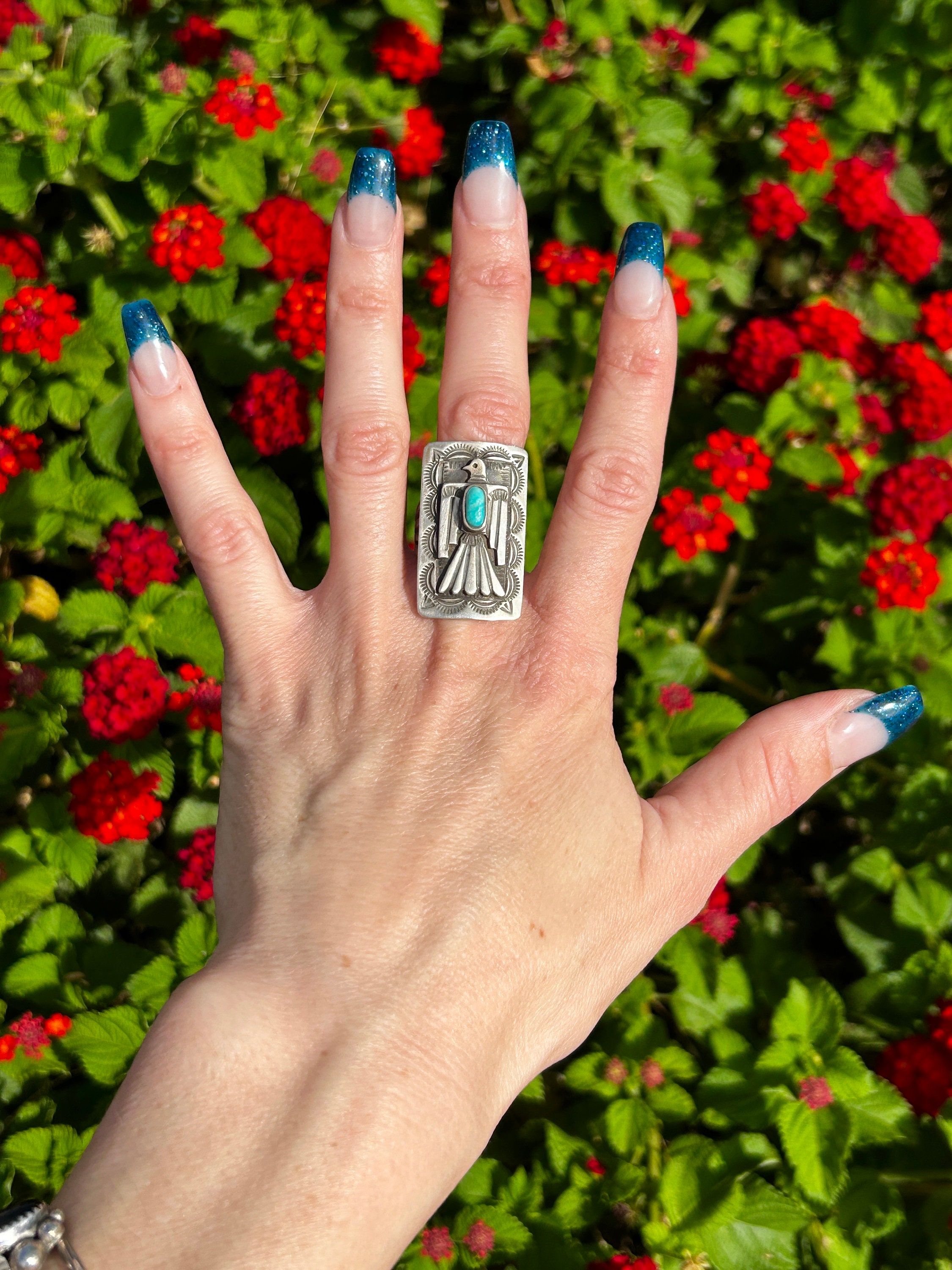 Thunderbird Sterling Silver Turquoise + Coral + Orange Spiny