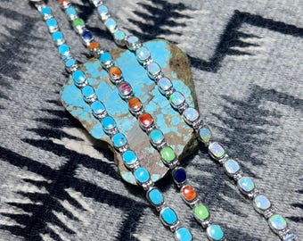 Double Sided Opal, Turquoise, Multistone Inlay Sterling Silver Tennis Link Bracelets