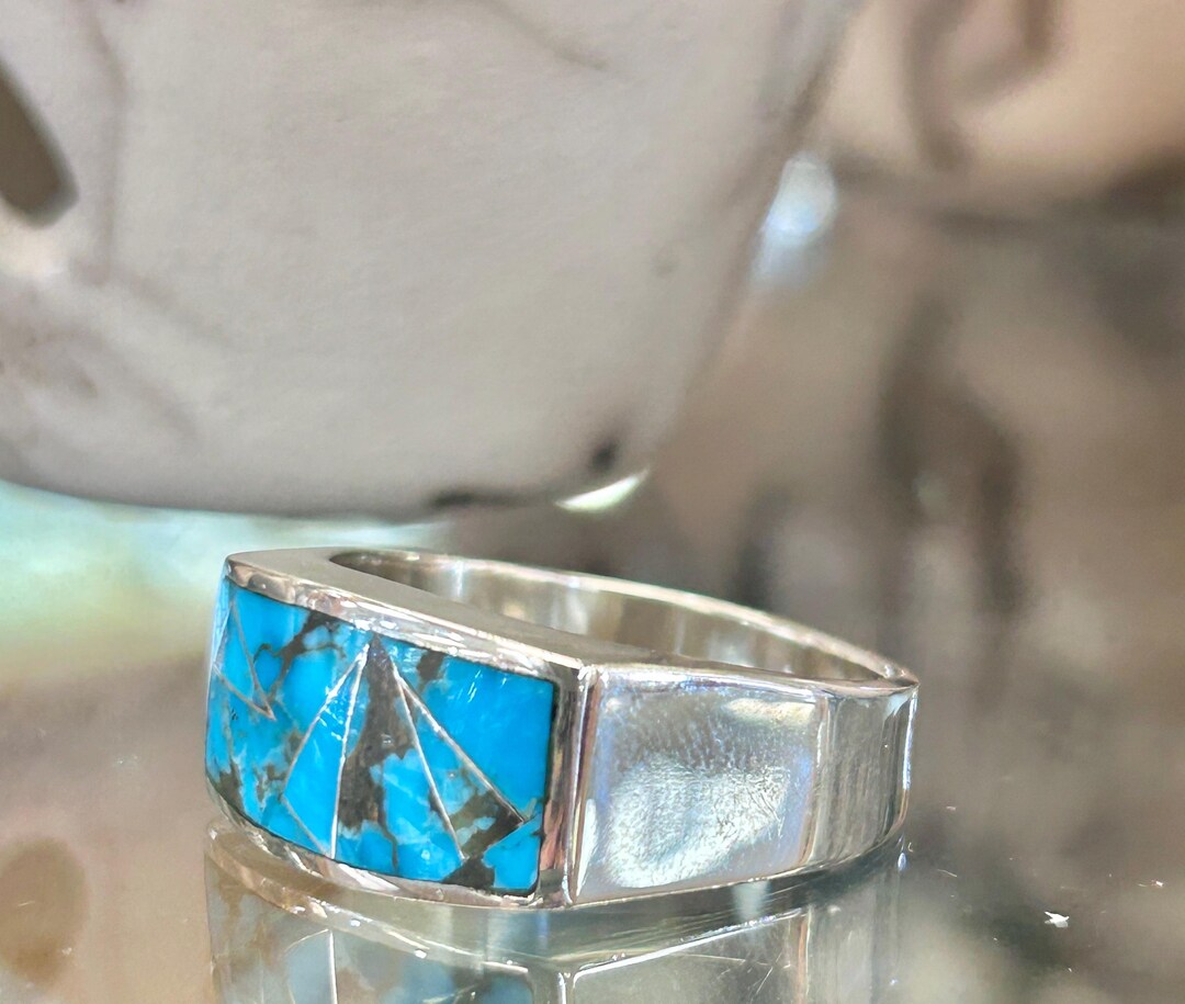 Turquoise Inlay Rings Navajo Handmade Turquoise Inlay Thick Sterling Silver Band Ring - Etsy
