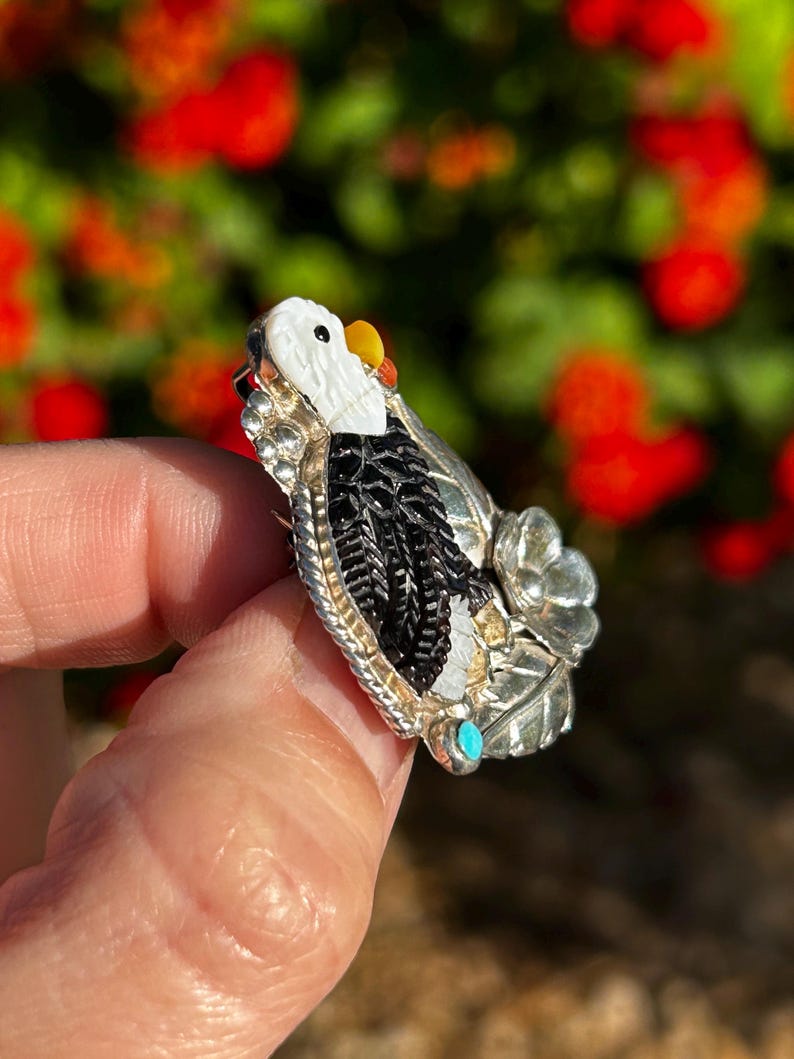 May include: A silver and turquoise eagle pin with black jet inlay. The eagle is perched on a branch with a flower.
