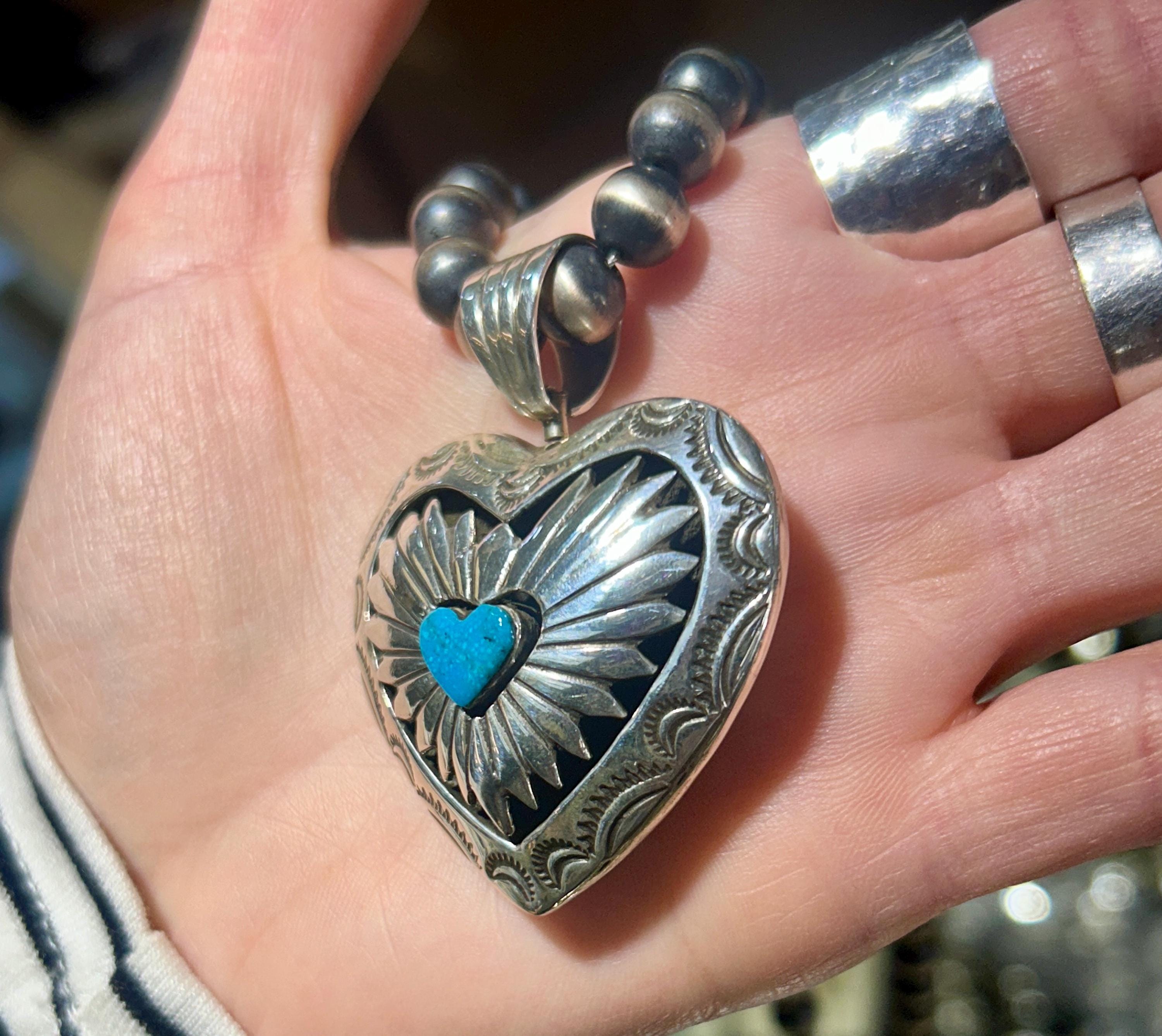 Large Navajo Handmade Sterling Silver Puffy Heart Turquoise Double 