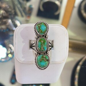 Sonoran goud turkoois 3-steens sterlingzilveren handgemaakte midi-ring Navajo/Formaat wijzigen is gratis/Klaar op dezelfde dag
