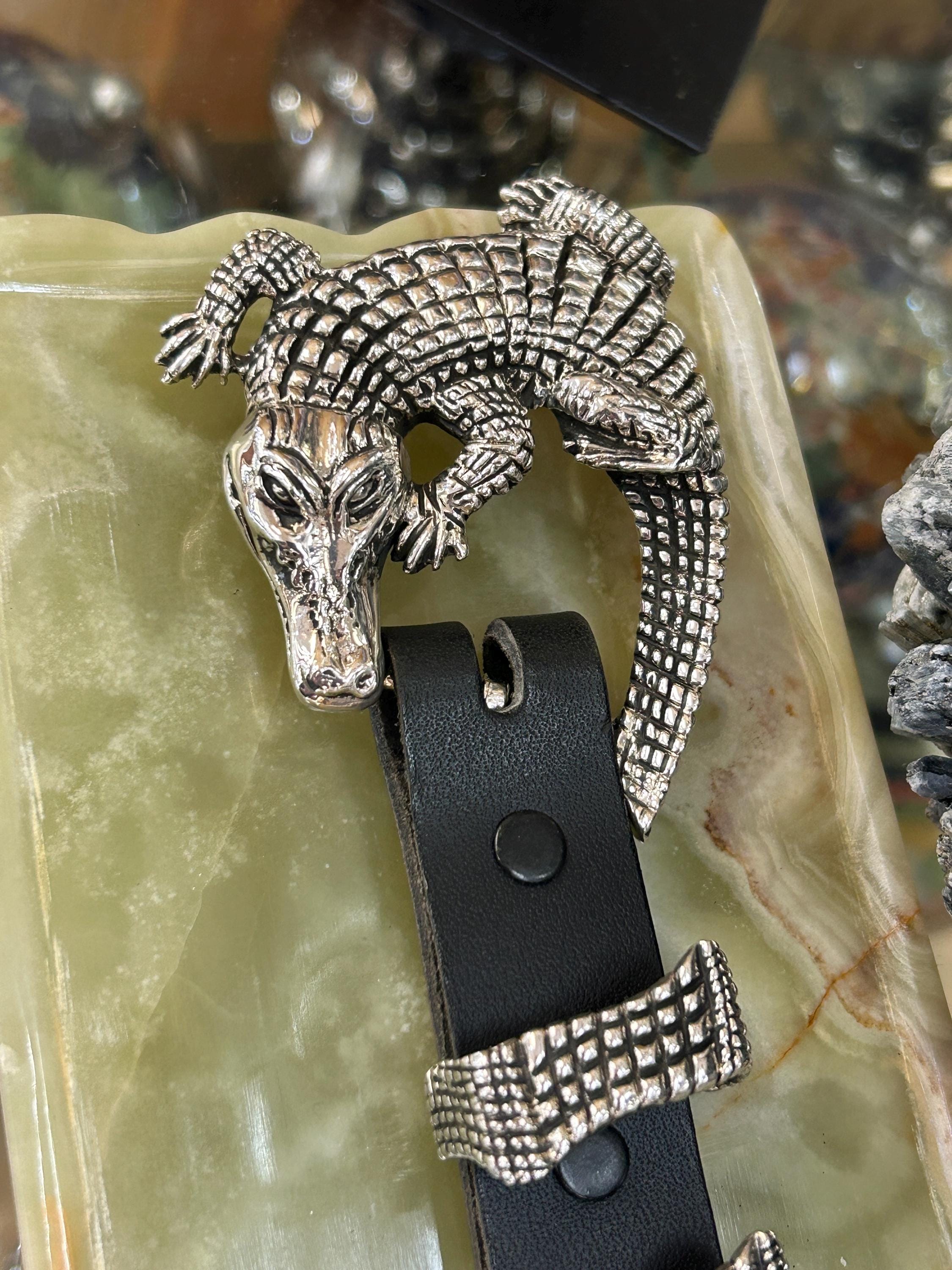 Silver H buckle with 2 Alligator belt strips included - Gator Buckle in Textured Sterling Silver main image 4