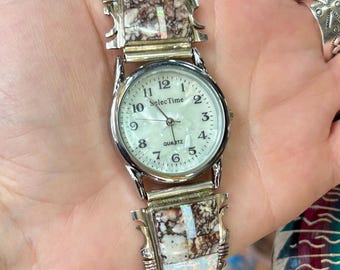 Navajo Handmade Sterling Silver WildHorse and Opal Inlay Mens/Womens Watches