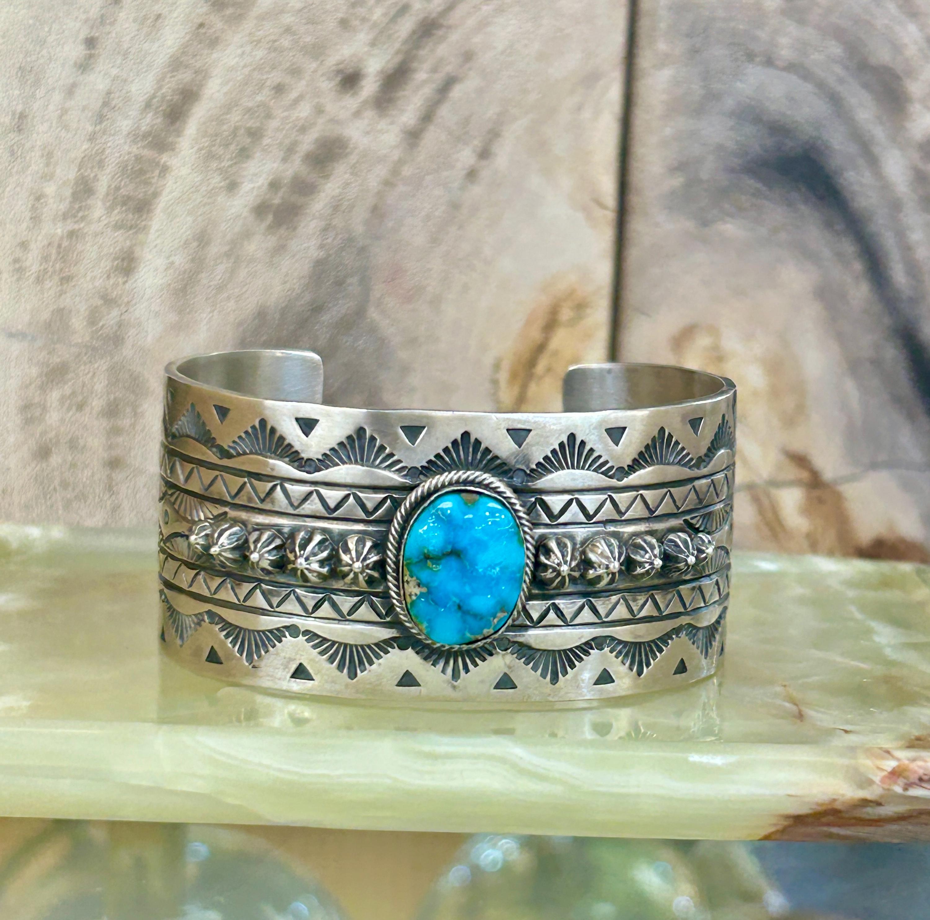 Blue Gem Turquoise Sterling Silver Thick Navajo Handmade Wide Mens