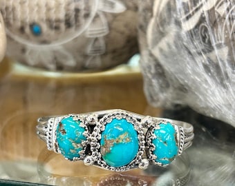 Sonoran Turquoise Sterling Silver 3 Stone Navajo Handmade Cuff Bracelet