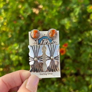 Orange Spiny Oyster Shell Sterling Silver Navajo Handmade Earrings