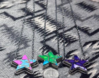 Navajo Handmade Star Sterling Silver Turquoise and Spiny Oyster Pendants with Attached Chains