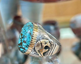 14K Gold Mens Heavy Sterling Silver Sunface Navajo Handmade Ring
