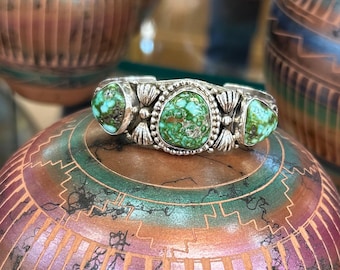 Sonoran Gold Turquoise 3-Stone Sterling Silver Navajo Handmade Cuff Bracelet
