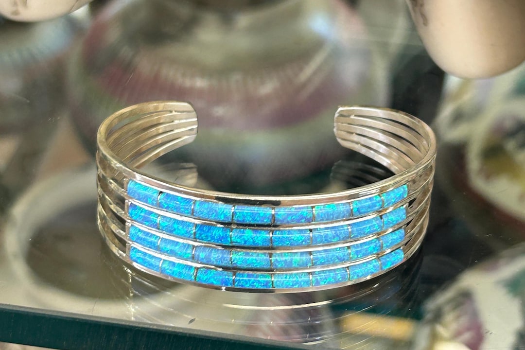 Zuni Inlay 4 Rows of Opal Sterling Silver Wide Cuff Bracelet - Etsy