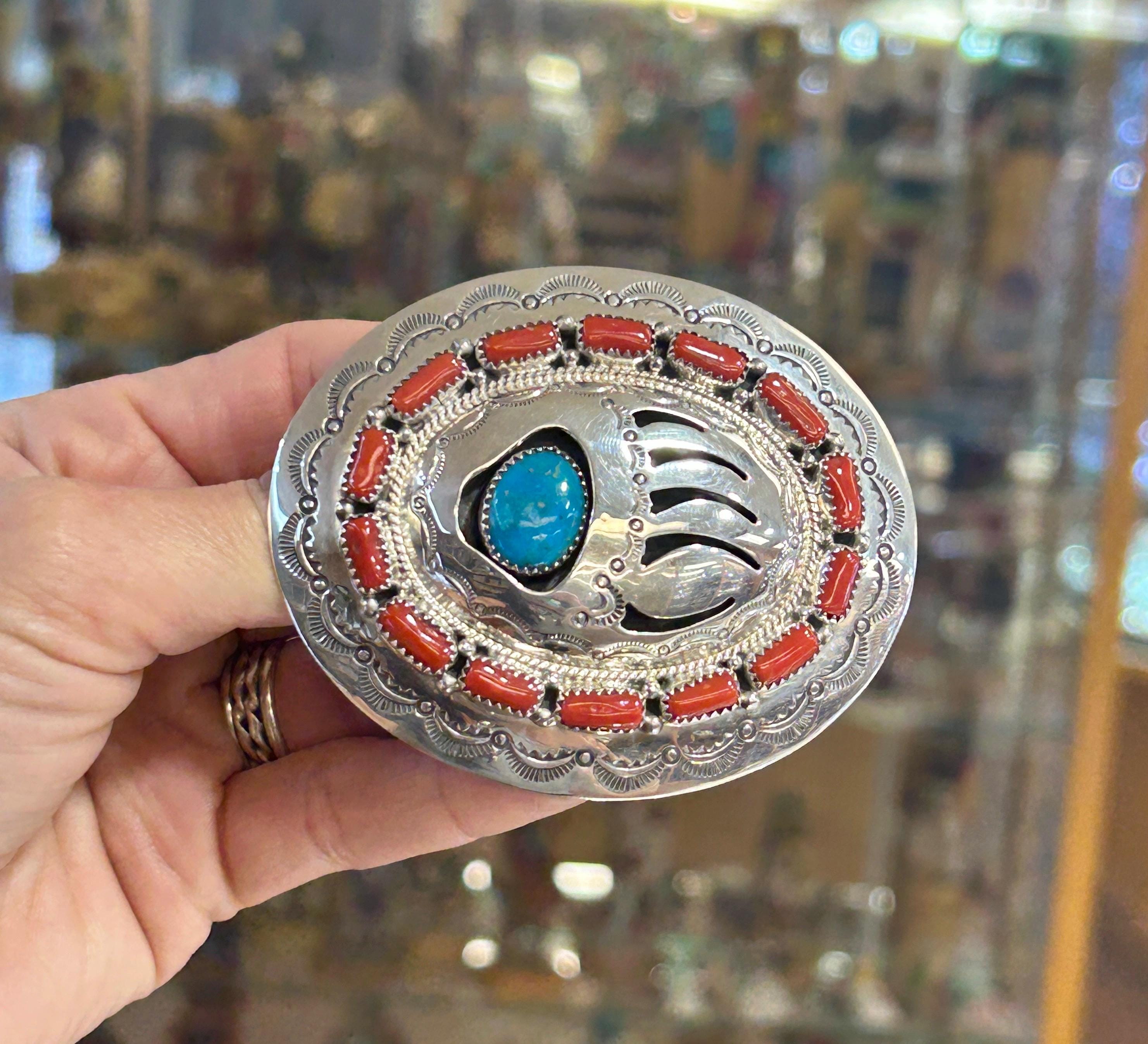 Navajo Handmade Sterling Silver Coral and Turquouse Bear Claw Belt