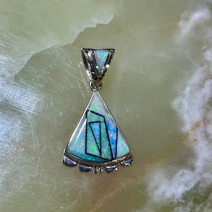 Australian Opal Inlay Sterling Silver Navajo Handmade Rick Telino Triangle Pendant /Comes with A Sterling Silver Chain