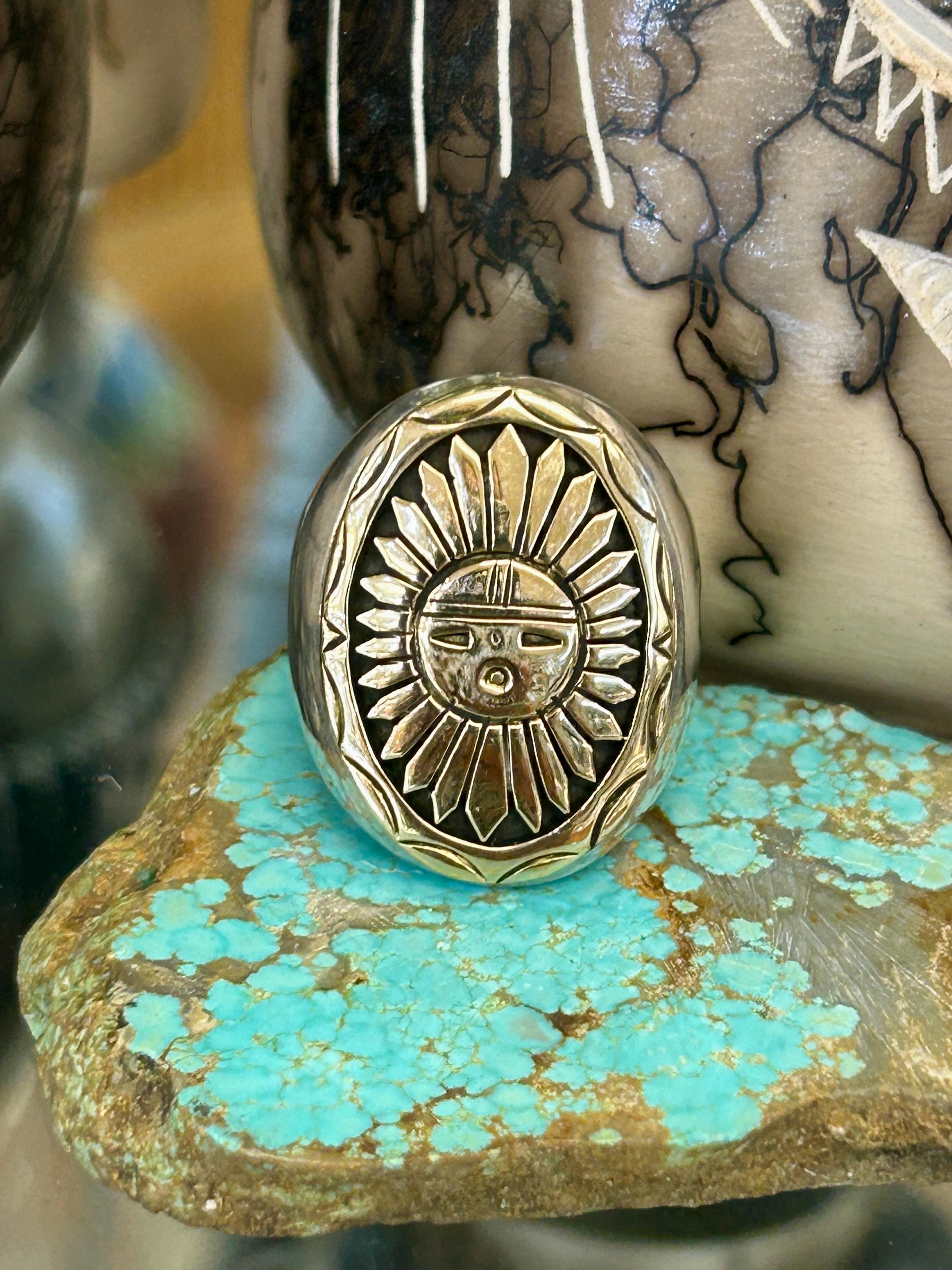 14K Gold Mens Heavy Sterling Silver Sunface Navajo Handmade Ring 