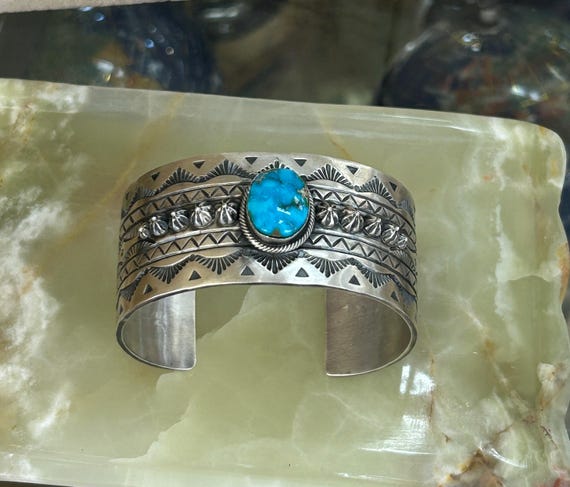 Blue Gem Turquoise Sterling Silver Thick Navajo Handmade Wide Mens