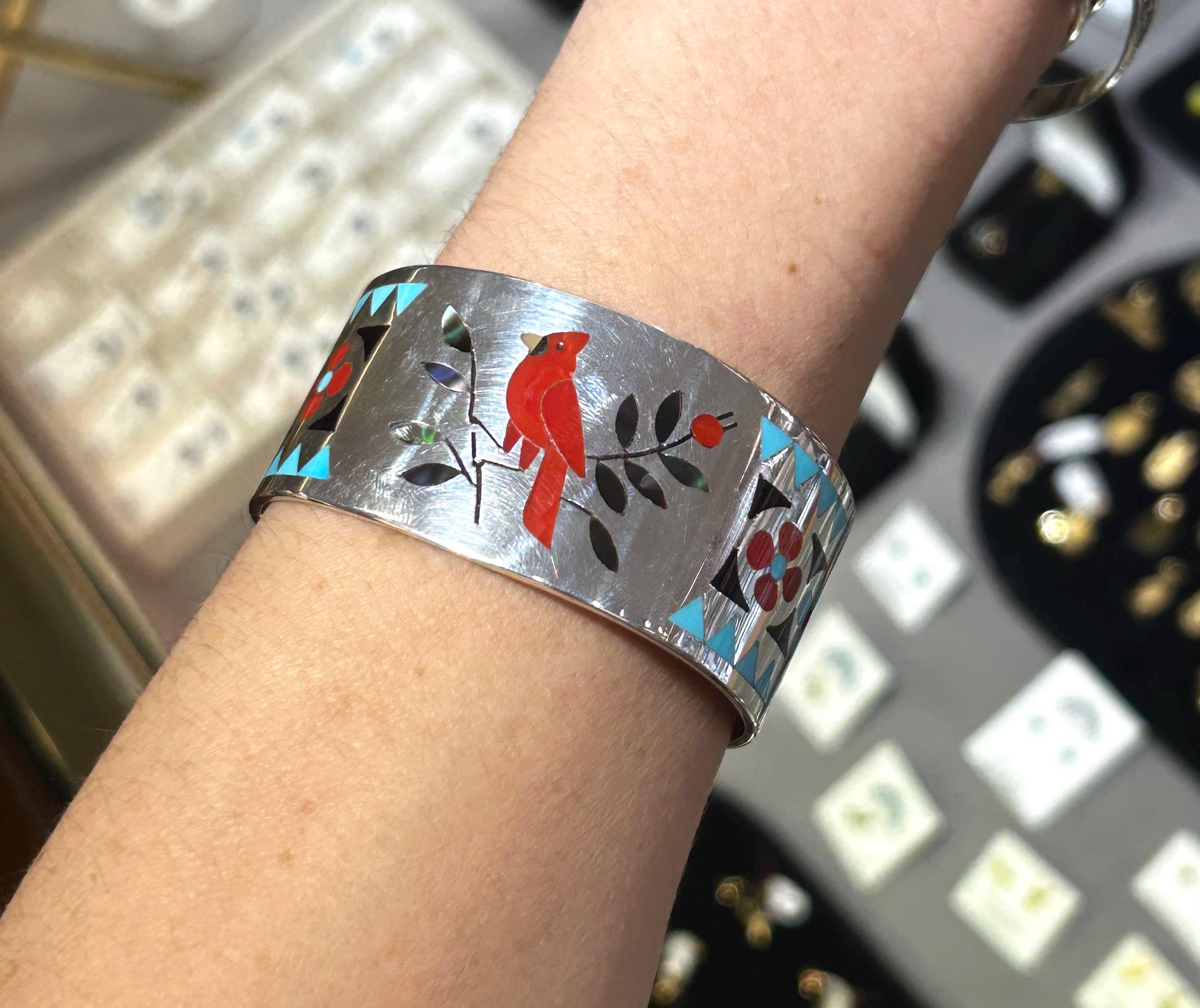 Vintage Zuni Sterling Silver Cuff Bracelet: Coral Cardinal