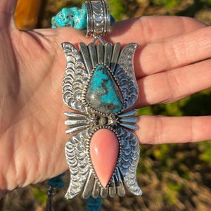 Pink Conch Shell & Morenci Turquoise Sterling Silver Navajo Handmade Large Heavy Pendant