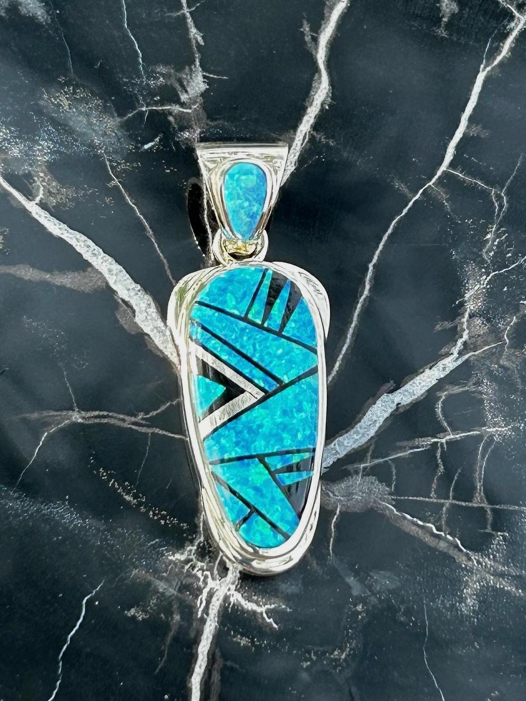 Navajo Inlay Opal With Onyx Sterling Silver Navajo Handmade Men's