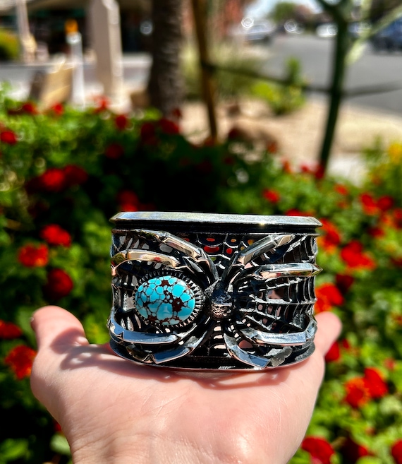 Heavy Thick Native American Navajo Domed Spiderweb Turquoise Sterling Silver Bracelet Heavy Thick Native American Navajo Domed Spiderweb Turquoise Sterling Silver Bracelet