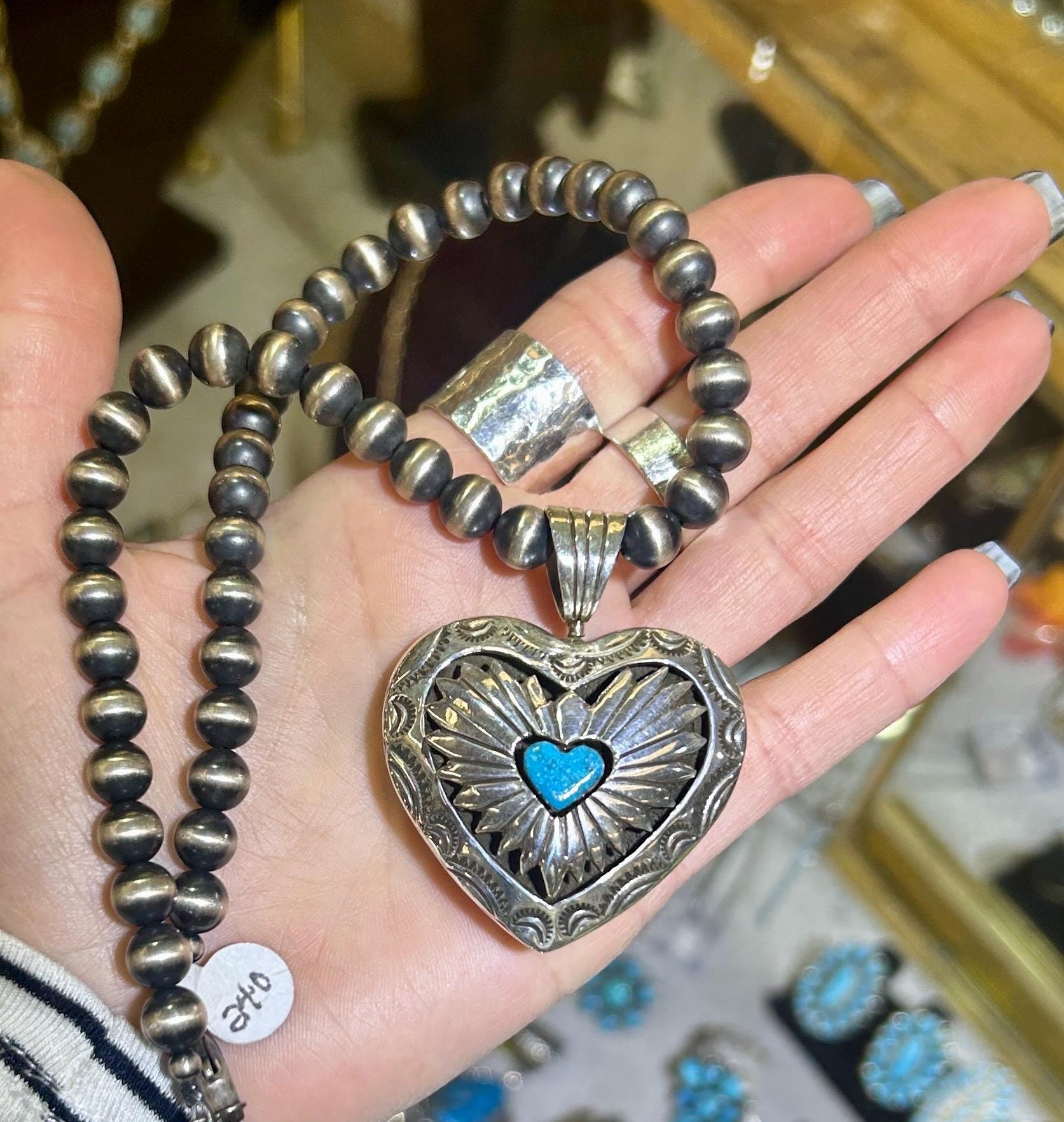 Large Navajo Handmade Sterling Silver Puffy Heart Turquoise Double 