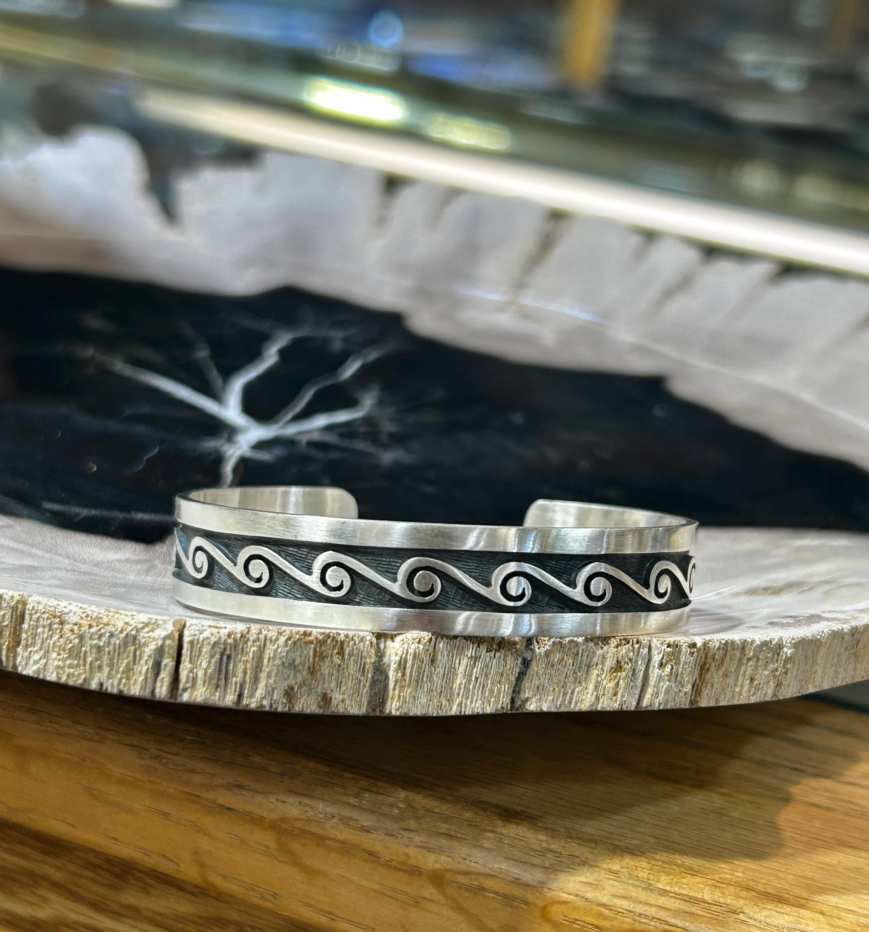 Hopi Handmade Sterling Silver Symbolic Water Unisex Cuff Bracelet
