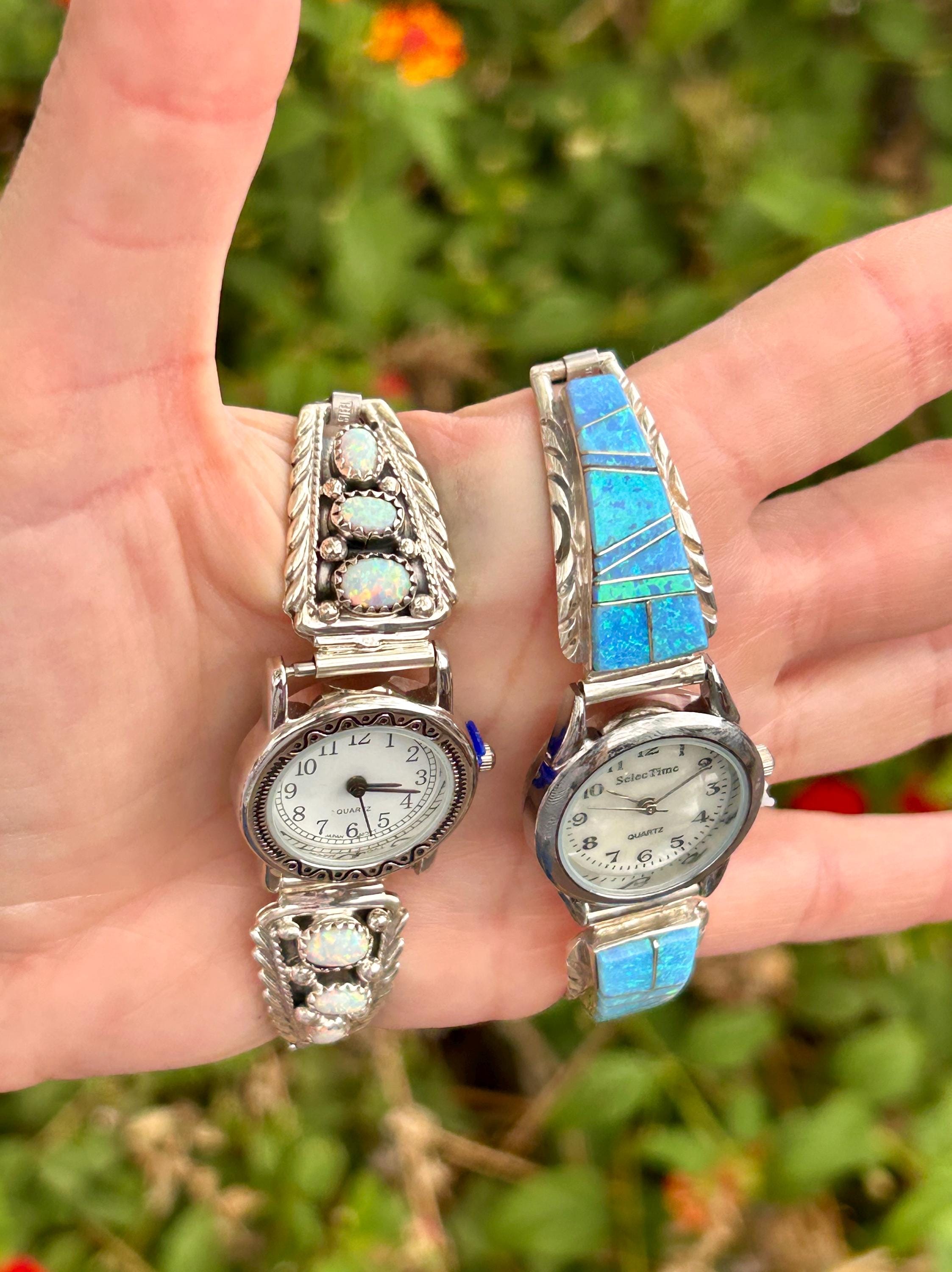 Navajo Handmade Opal Inlaid Sterling Silver Stretch Watches 