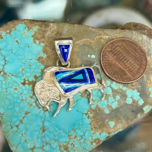 Lapis Inlay Opal Sterling Silver Buffalo Navajo Handmade Pendant with a Sterling Silver chain