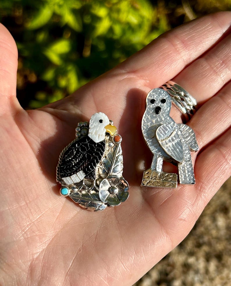 May include: Two silver and turquoise bird pins. One pin features a black and white bird with a yellow beak and turquoise accents. The other pin features a white bird with black eyes and a silver base.