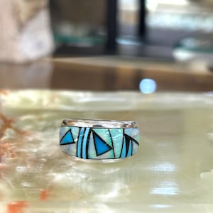Australian Opal Thick Sterling Silver Inlay Navajo Inlay Ring