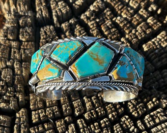 Kingman Turquoise Thick Sterling Silver Navajo Handmade Men’s Cuff bracelet
