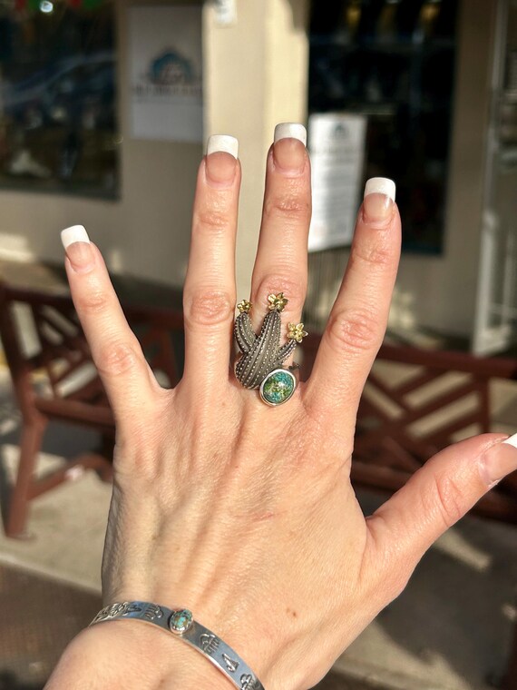 18K Gold Sonoran Turquoise Navajo Handmade Sterling Silver Cactus
