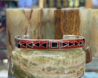 Red Opal Inlay Onyx Inlay Sterling Silver Navajo Handmade Unisex Cuff Bracelet