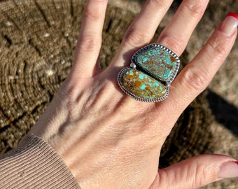 Cripple Creek Turquoise 2 Stone Large Sterling Silver Navajo Handmade Ring/Resizing is free