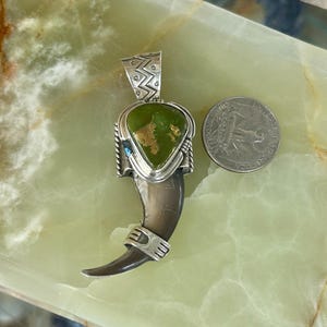 Green Turquoise Kings Manassa Mine Sterling Silver Navajo Handmade Bear Claw Pendant with chain or with chain