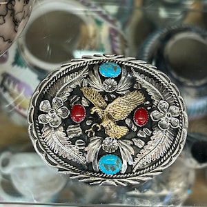 Navajo Handmade Sterling Silver Detailed Turquoise and Coral Gold Eagle Belt Buckle