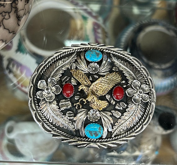 Navajo Handmade Sterling Silver Detailed Turquoise and Coral  display picture 1
