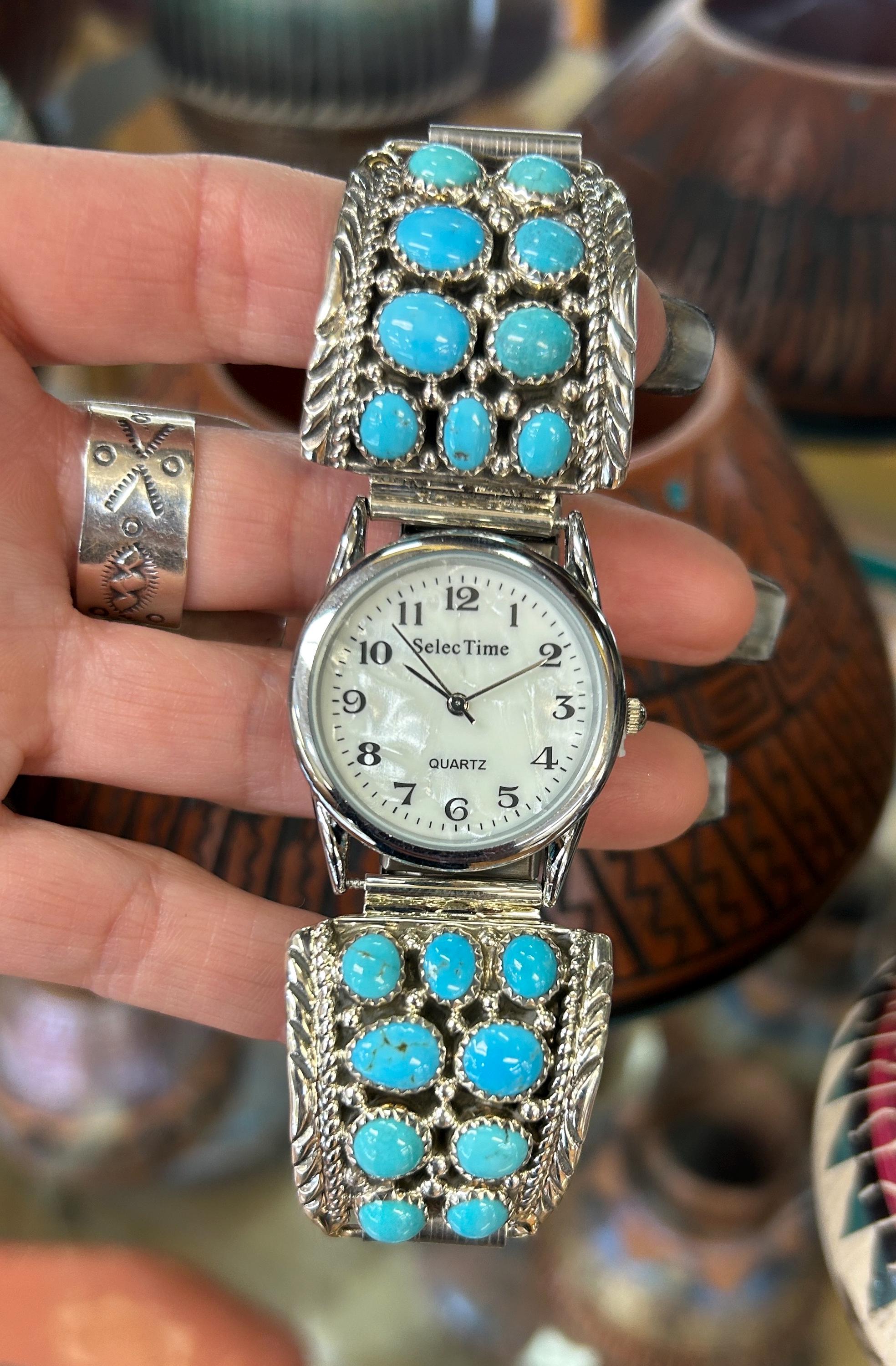 Handmade Navajo Kingman‎ Turquoise Watch Band Decor Sterling Silver Accessory ** Handmade Native American Navajo King Man Turquoise Sterling  main image 3