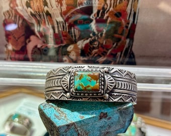 Kingman Turquoise Sterling Silver Mens Womens Oxidized Navajo Handmade Henry Yazzie Cuff Bracelet